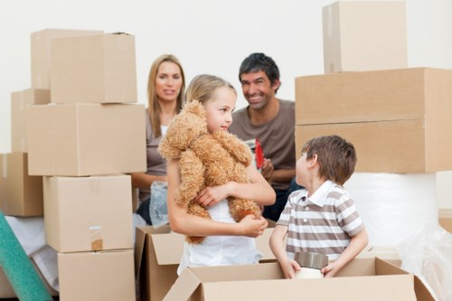 Neatly arranged moving boxes and household items in a Chelsea property